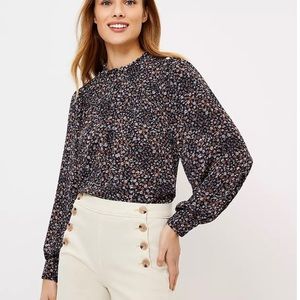 LOFT Floral Ruffle Neck Bib Blouse